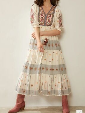 Embroidered Cream Maxi Dress with V-Neck Tassel Tie